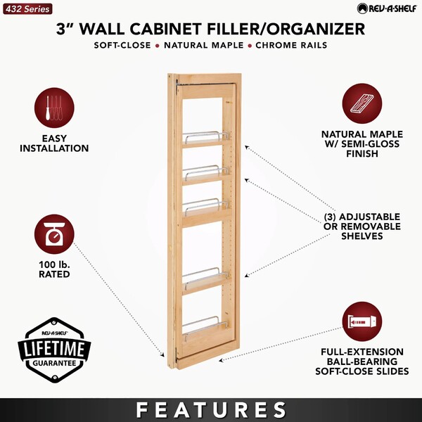 Rev-A-Shelf - 3" x 42" Soft-Close Filler Pullout Organizer with Wood Adjustable Shelves Wall Accessories