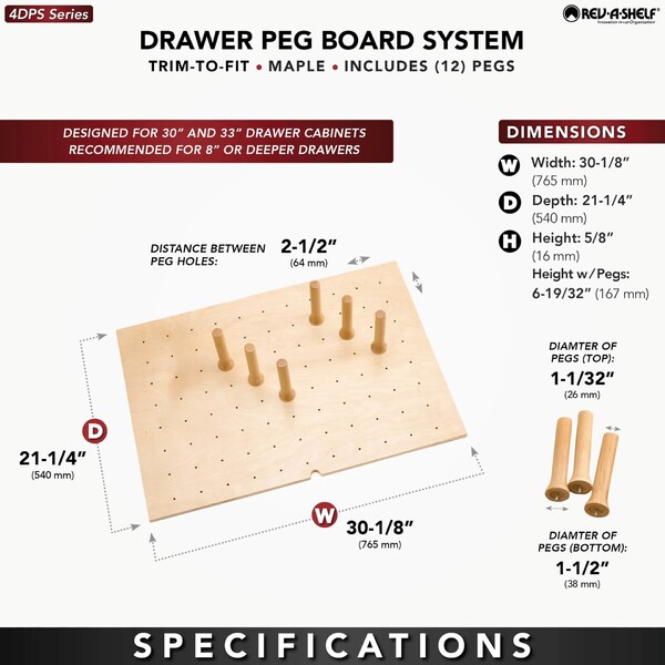 Rev-A-Shelf - 30" Maple Cut-To-Size Insert Peg System for Drawers