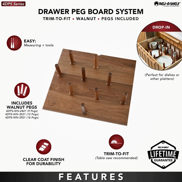 Rev-A-Shelf - 30" Walnut Cut-To-Size Insert Peg System for Drawers