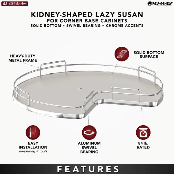 Rev-A-Shelf - 32" Gray Kidney Shape Solid Bottom Single Shelf (w/Bearing and Stop)