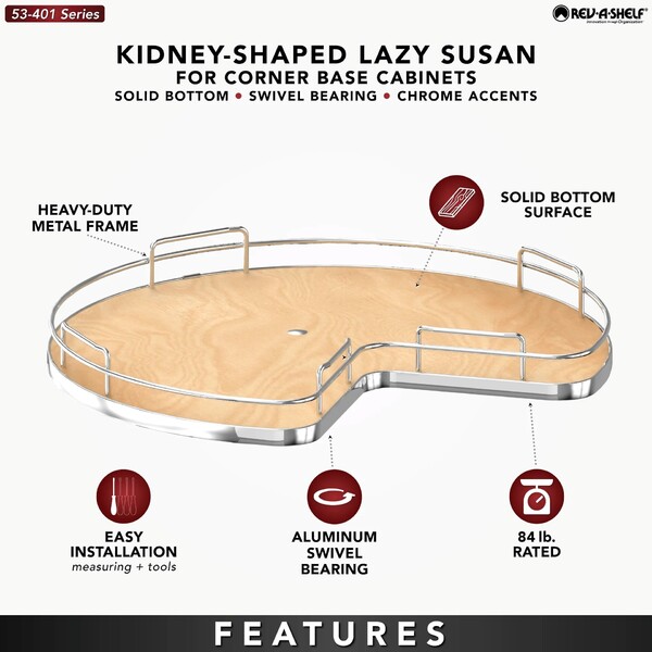 Rev-A-Shelf - 32" Maple Kidney Shape Solid Bottom Single Shelf (w/Bearing and Stop)