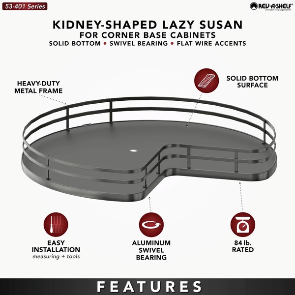 Rev-A-Shelf - 32" Orion Gray Kidney Shape Solid Bottom Single Shelf (w/Bearing and Stop)