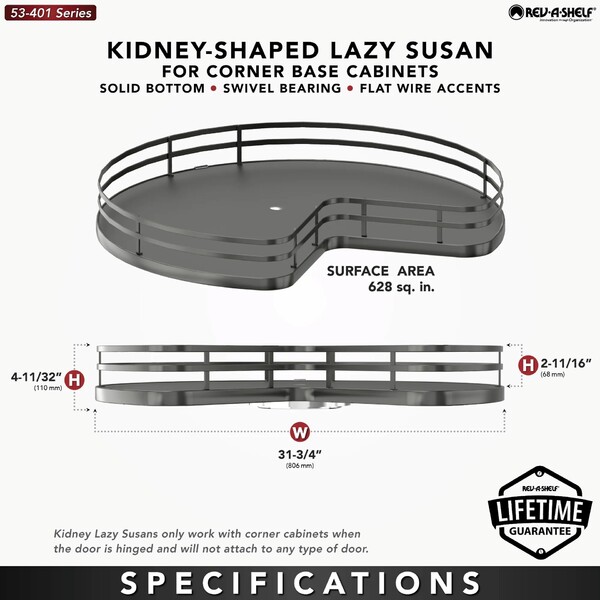 Rev-A-Shelf - 32" Orion Gray Kidney Shape Solid Bottom Single Shelf (w/Bearing and Stop)