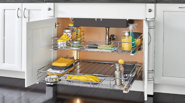 Rev-A-Shelf - 33" Chrome Wire Undersink Pullout U-Shape Basket w/ Soft-Close