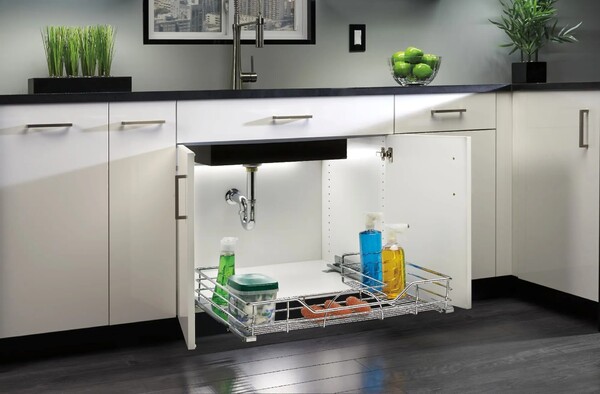 Rev-A-Shelf - 33" Chrome Wire Undersink Pullout U-Shape Basket w/ Soft-Close
