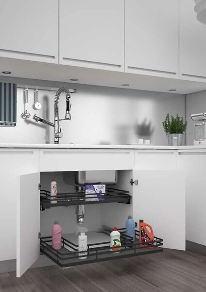 Rev-A-Shelf - 33" Orion Gray Undersink Pullout U-Shape Basket w/ Soft-Close