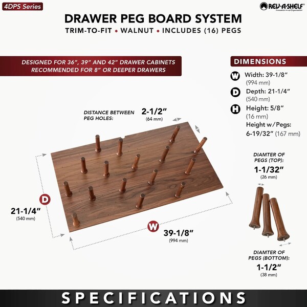 Rev-A-Shelf - 39" Walnut Cut-To-Size Insert Peg System for Drawers