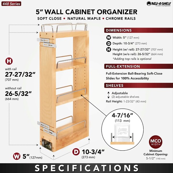 Rev-A-Shelf - 5" Cabinet Pullout Organizer with Soft-Close Wall Accessories