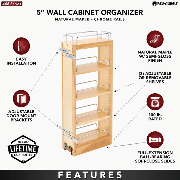 Rev-A-Shelf - 5" Cabinet Pullout Organizer with Wood Adjustable Shelves Wall Accessories