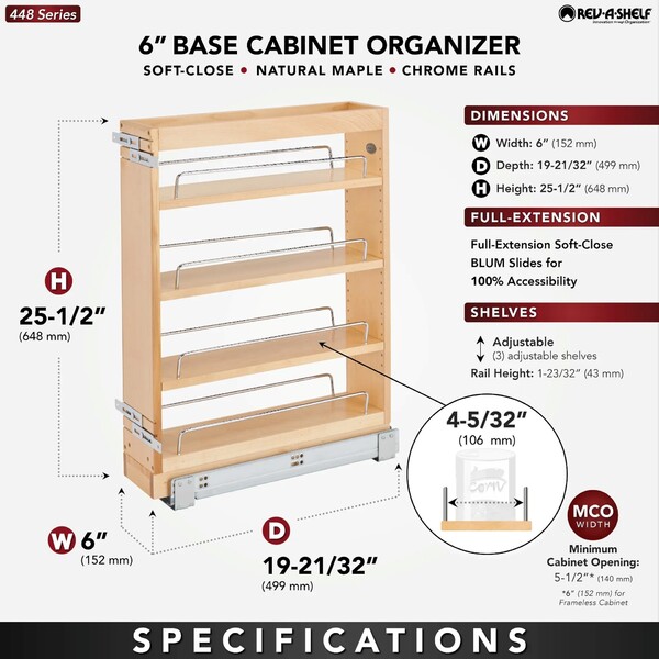 Rev-A-Shelf - 5" Maple Base Cabinet Pullout Organizer REDUCED Depth with Blumotion Soft-Close