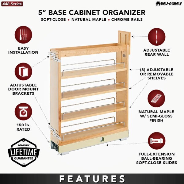Rev-A-Shelf - 5" Maple Base Cabinet Pullout Organizer with Soft-Close Ball-Bearing Slides