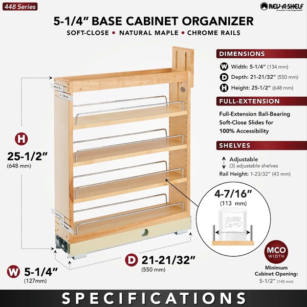 Rev-A-Shelf - 5" Maple Base Cabinet Pullout Organizer with Soft-Close Ball-Bearing Slides