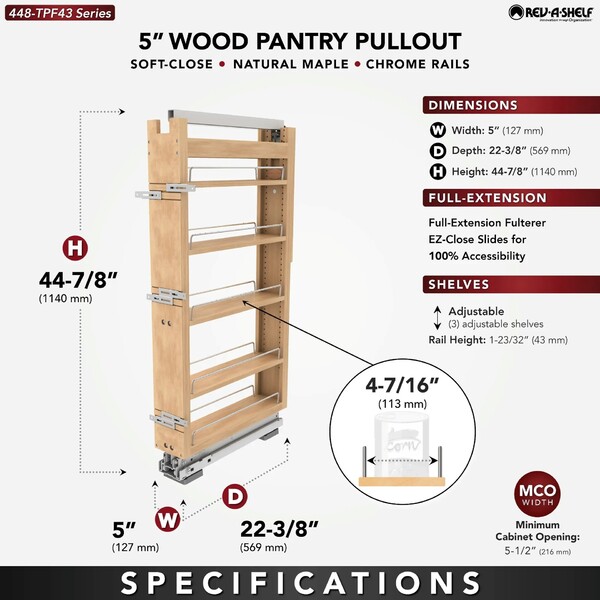 Rev-A-Shelf - 5" x 43" Maple Pullout Wood Tall/Pantry Accessories