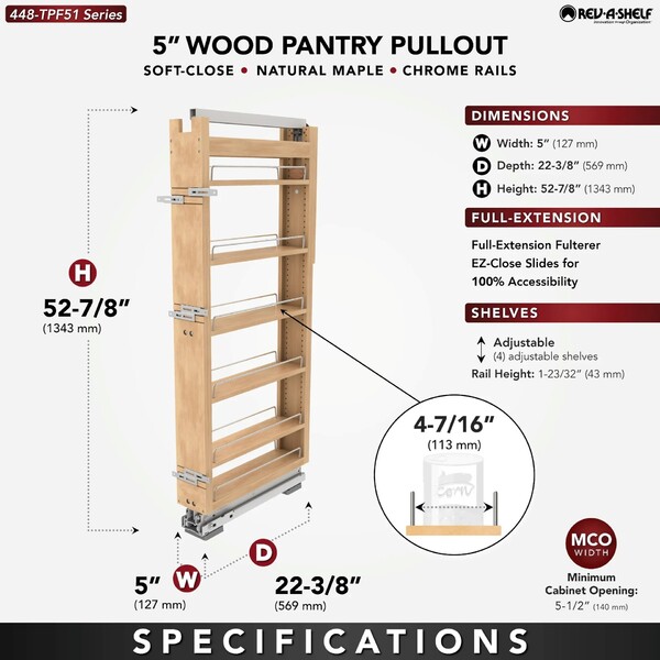 Rev-A-Shelf - 5" x 51" Maple Pullout Wood Tall/Pantry Accessories