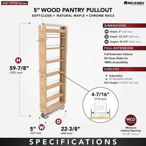 Rev-A-Shelf - 5" x 58" Maple Pullout Wood Tall/Pantry Accessories