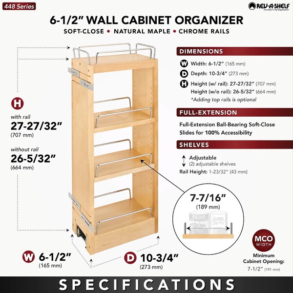 Rev-A-Shelf - 6-1/2" Cabinet Pullout Organizer with Soft-Close Wall Accessories