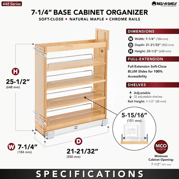Rev-A-Shelf - 6-1/2" Maple Base Cabinet Pullout Organizer with Blumotion Soft-Close