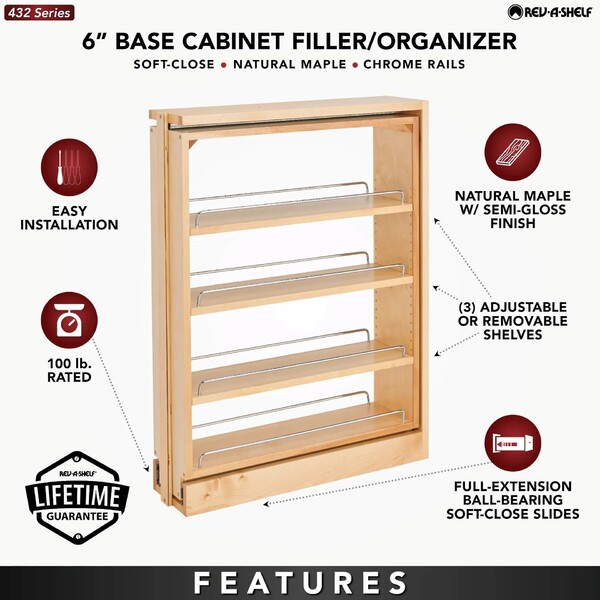 Rev-A-Shelf - 6" Filler Pullout Organizer with Ball Bearing Soft-Close
