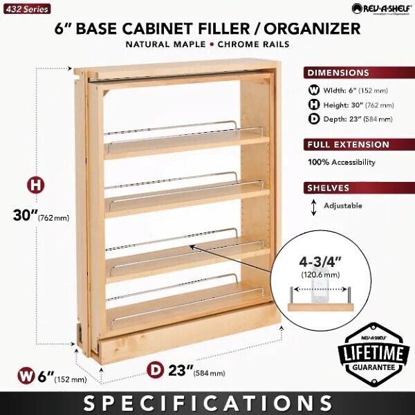 Rev-A-Shelf - 6" Filler Pullout Organizer with Wood Adjustable Shelves