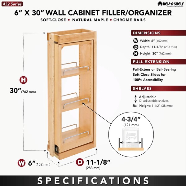 Rev-A-Shelf - 6" x 30" Soft-Close Filler Pullout Organizer with Wood Adjustable Shelves Wall Accessories