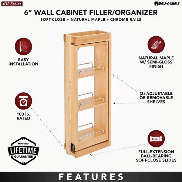 Rev-A-Shelf - 6" x 30" Soft-Close Filler Pullout Organizer with Wood Adjustable Shelves Wall Accessories