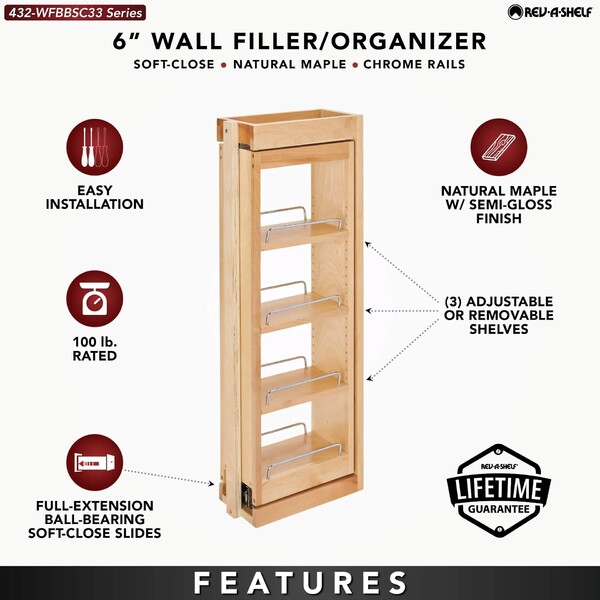 Rev-A-Shelf - 6" x 33" Soft-Close Filler Pullout Organizer with Wood Adjustable Shelves Wall Accessories