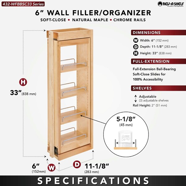 Rev-A-Shelf - 6" x 33" Soft-Close Filler Pullout Organizer with Wood Adjustable Shelves Wall Accessories