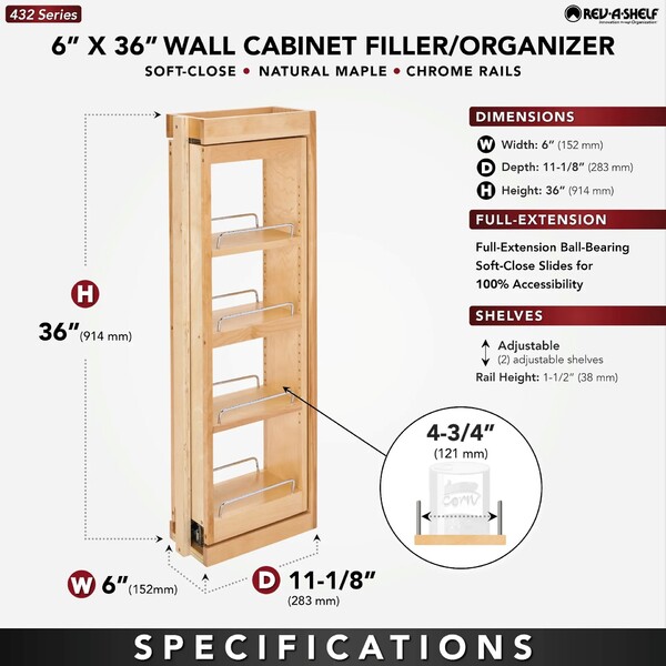 Rev-A-Shelf - 6" x 36" Soft-Close Filler Pullout Organizer with Wood Adjustable Shelves Wall Accessories