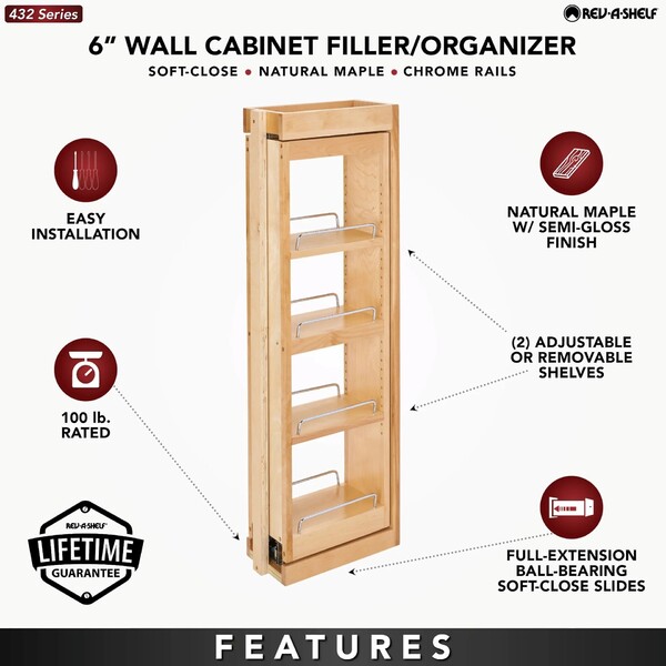 Rev-A-Shelf - 6" x 36" Soft-Close Filler Pullout Organizer with Wood Adjustable Shelves Wall Accessories