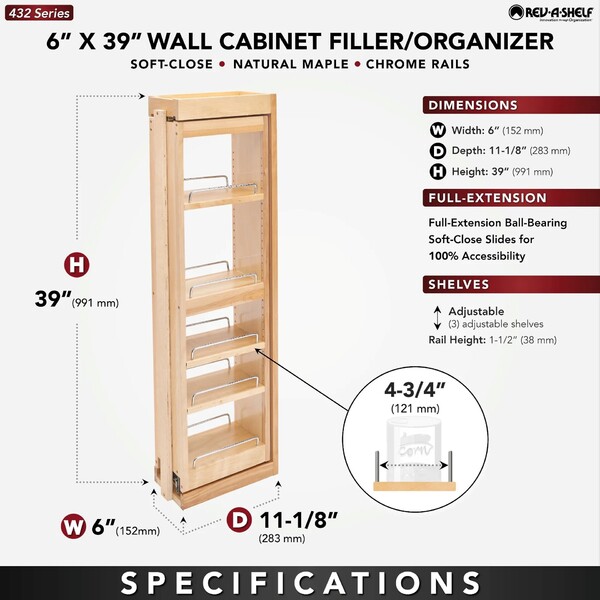 Rev-A-Shelf - 6" x 39" Soft-Close Filler Pullout Organizer with Wood Adjustable Shelves Wall Accessories