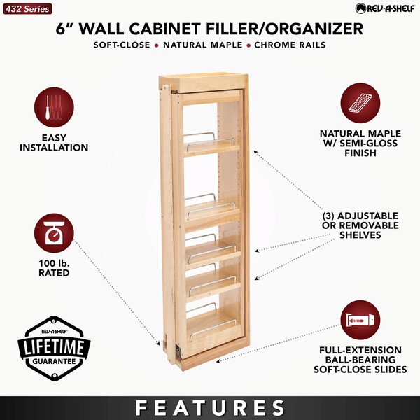 Rev-A-Shelf - 6" x 39" Soft-Close Filler Pullout Organizer with Wood Adjustable Shelves Wall Accessories