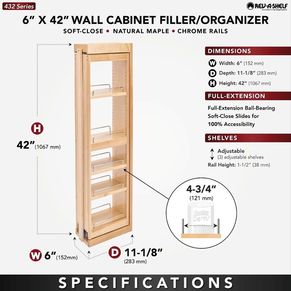 Rev-A-Shelf - 6" x 42" Soft-Close Filler Pullout Organizer with Wood Adjustable Shelves Wall Accessories