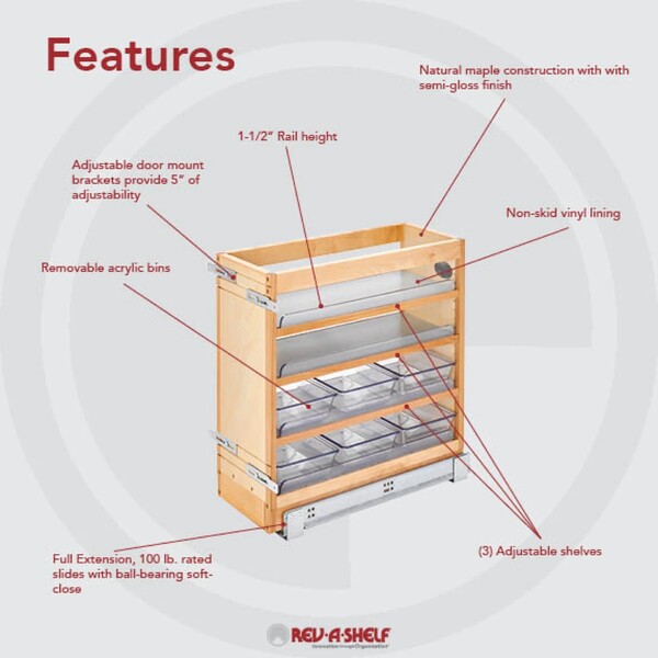 Rev-A-Shelf - 8-1/2" x 25-1/2" Maple Cabinet Pullout Soft-Close Organizer with Wood Adjustable Shelves and Bins