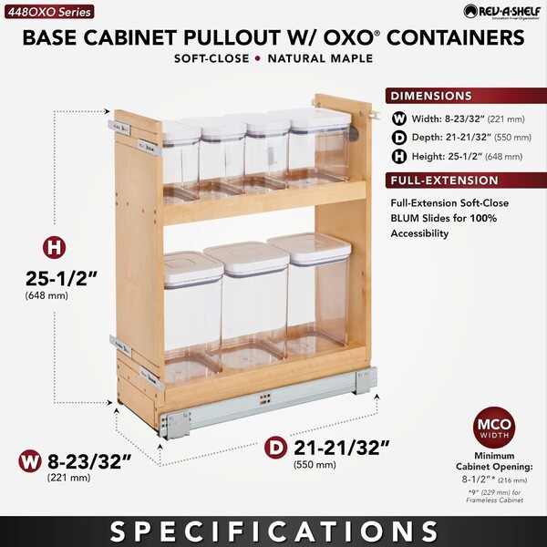 Rev-A-Shelf - 8" Base Cabinet Pullout OXO Storage Organizer with Blumotion Soft Close