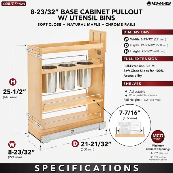 Rev-A-Shelf - 8" Base Cabinet Pullout Utensil Base Organizer Blumotion Soft-Close