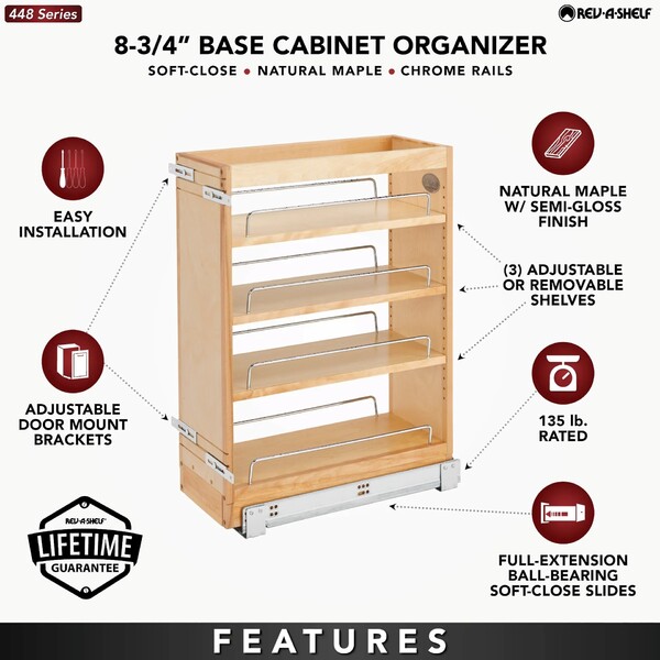 Rev-A-Shelf - 8" Maple Base Cabinet Pullout Organizer REDUCED Depth with Blumotion Soft-Close