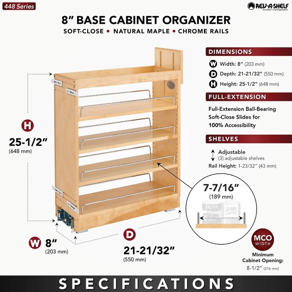 Rev-A-Shelf - 8" Maple Base Cabinet Pullout Organizer with Soft-Close Ball-Bearing Slides