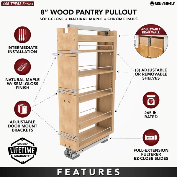 Rev-A-Shelf - 8" x 43" Maple Pullout Wood Tall/Pantry Accessories