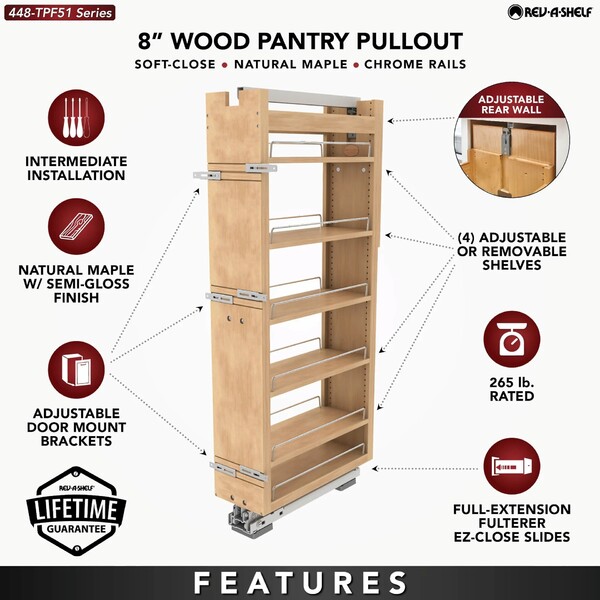 Rev-A-Shelf - 8" x 51" Maple Pullout Wood Tall/Pantry Accessories