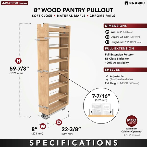 Rev-A-Shelf - 8" x 58" Maple Pullout Wood Tall/Pantry Accessories