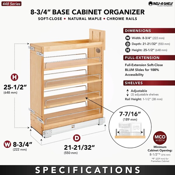 Rev-A-Shelf - 9-1/2" Maple Base Cabinet Pullout Organizer with Blumotion Soft-Close
