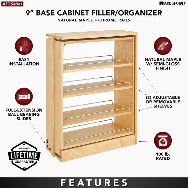 Rev-A-Shelf - 9" Filler Pullout Organizer with Wood Adjustable Shelves