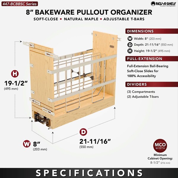 Rev A Shelf - Base Cabinet Pullout w/ Tray Divider/Foil Wrap Holder, Soft Close Ball Bearing