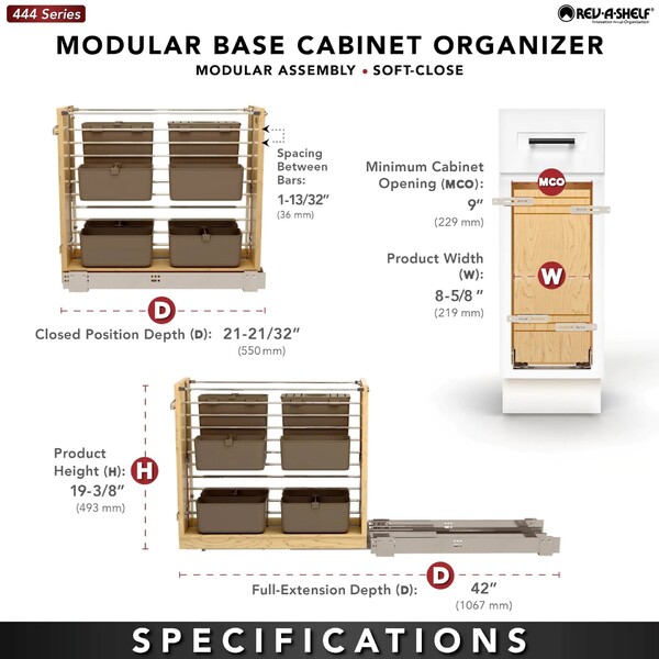 Rev-A-Shelf - Wood Base Cabinet Modular Pullout Organizer w/ Soft Close