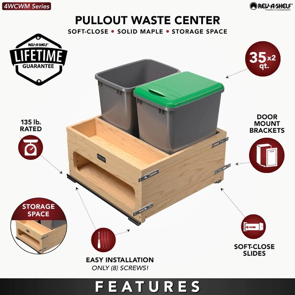 Rev-A-Shelf - Wood Bottom Mount Dbl 35 Qt. Organic Waste Center w/ Storage Space, SC