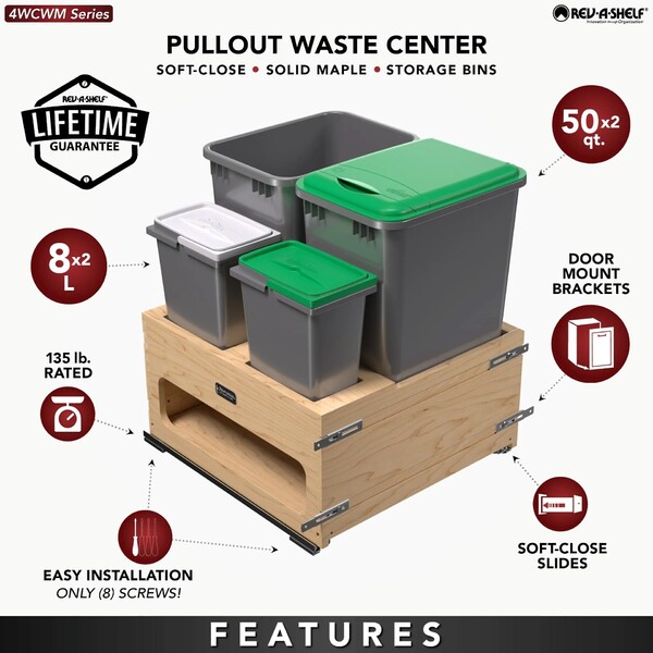 Rev-A-Shelf - Wood Bottom Mount Dbl 50 Qt. & Dbl 8L Organic Waste Center w/ Storage Space, SC