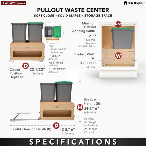 Rev-A-Shelf - Wood Bottom Mount Dbl 50 Qt. Organic Waste Center w/ Storage Space, SC