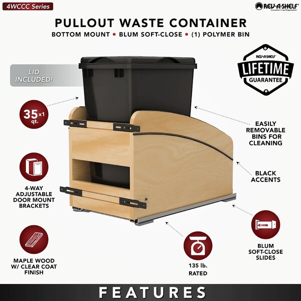 Single Black 35 Qt. Craftsman Collection Solid Maple Bottom Mount Pullout Waste Container w/ Black Accents, (1) Lid and BLUM Soft-Close Slides