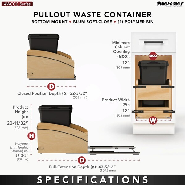 Single Black 35 Qt. Craftsman Collection Solid Maple Bottom Mount Pullout Waste Container w/ Black Accents, (1) Lid and BLUM Soft-Close Slides