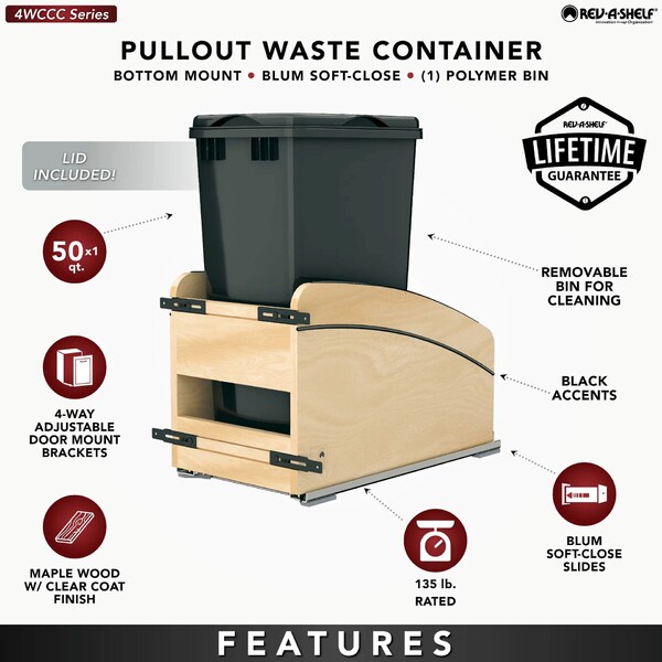 Single Black 50 Qt. Craftsman Collection Solid Maple Bottom Mount Pullout Waste Container w/ Black Accents, (1) Lid and BLUM Soft-Close Slides